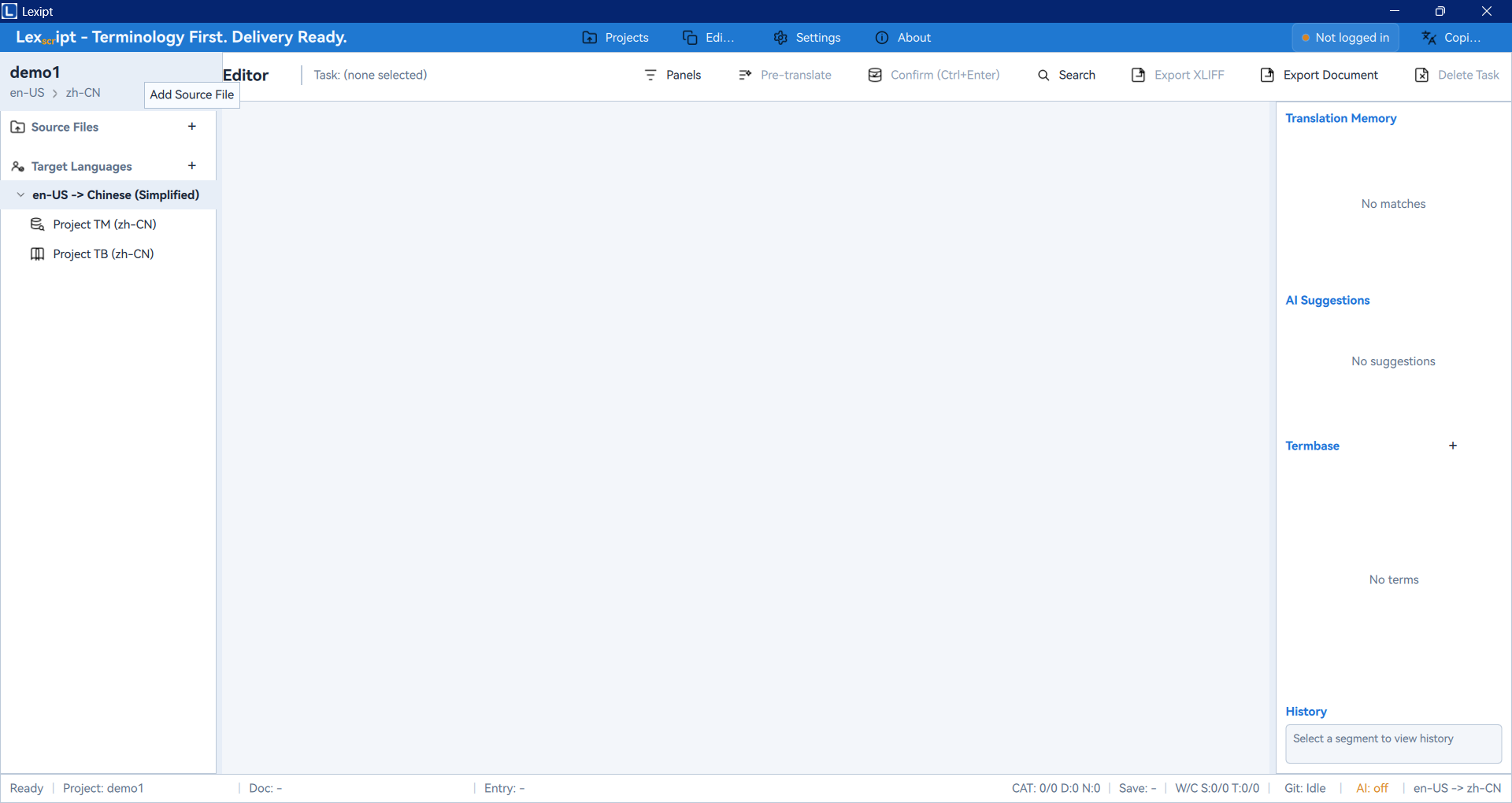项目面板，高亮"添加源文件"按钮